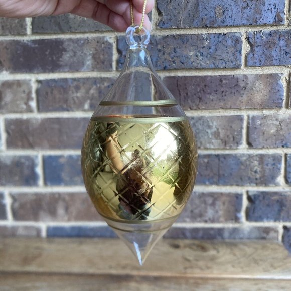 Gold Painted Clear Glass Christmas Ornament 7 Inch Long 3 Inch Wide SCRATCHED - Picture 4 of 9